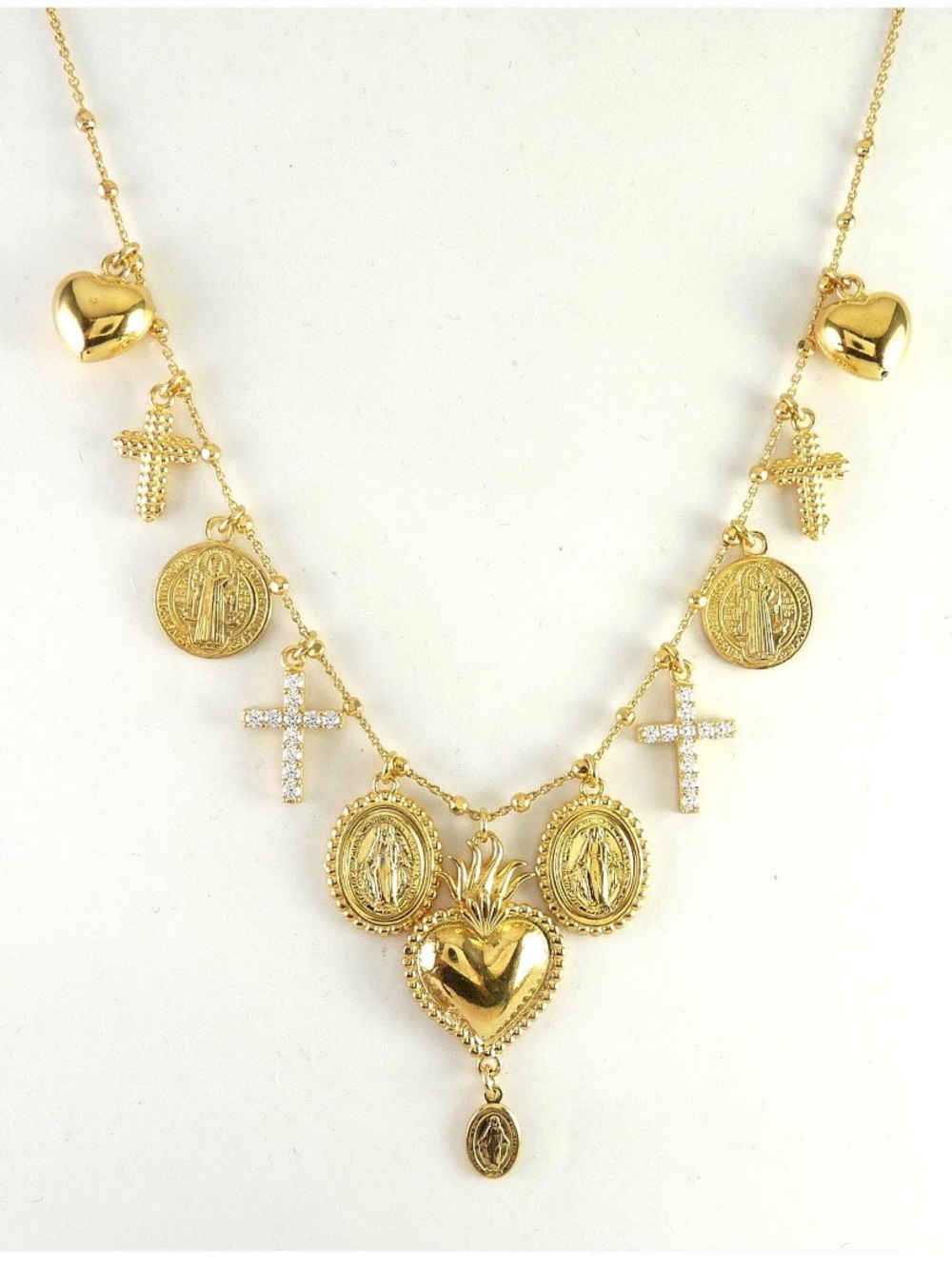 Gold Sacred Heart Charm Necklace with Coin and Crystal Cross Pendants - Picture 5 of 9